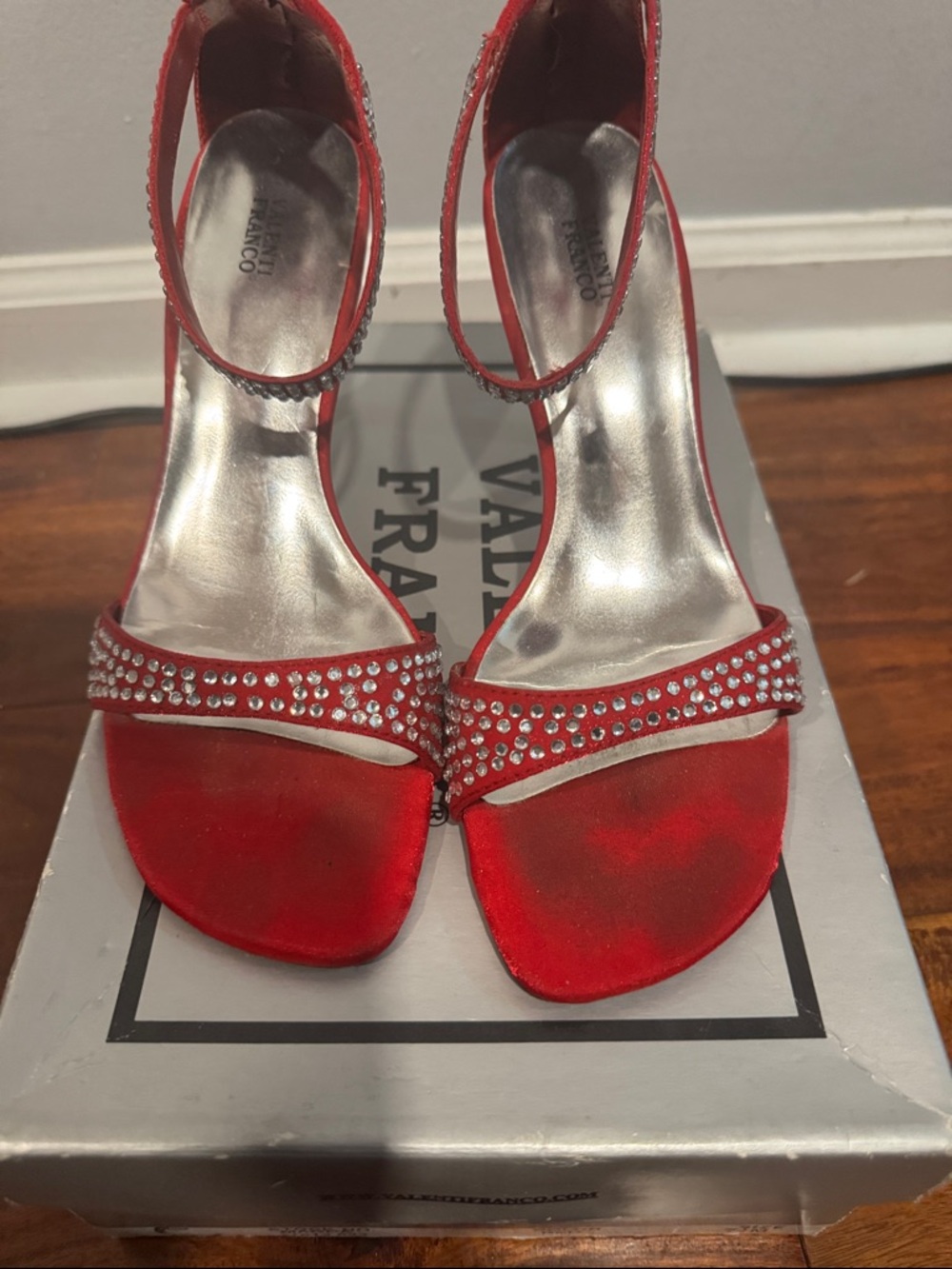 Valenti Franco Red Satin Rhinestone Ankle-Strap Sandals